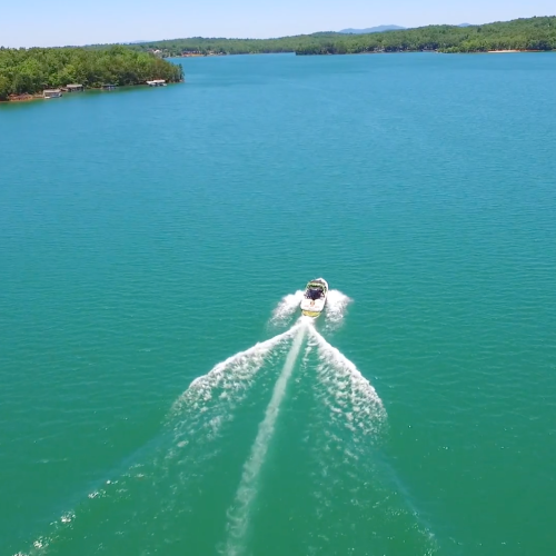 Aerial of Wakeboard boat