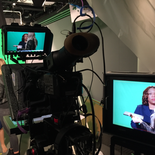Green screen, with teleprompter and makeup